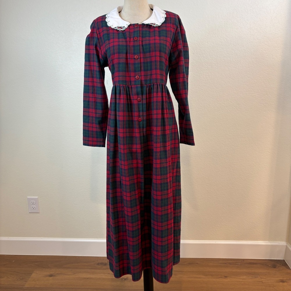 Therese Plaid Flannel Dress Women 4 Red Green Vintage Embroidered Maxi holiday